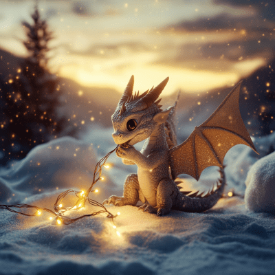 Baby Gold Dragon Playing with Christmas Lights