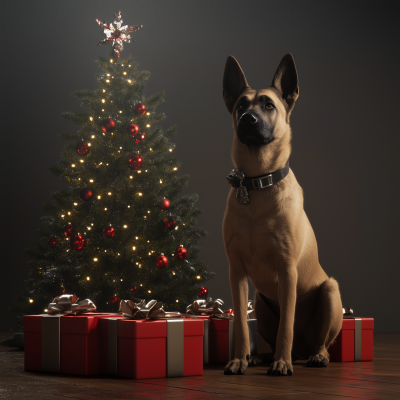 Belgian Malinois by Christmas Tree