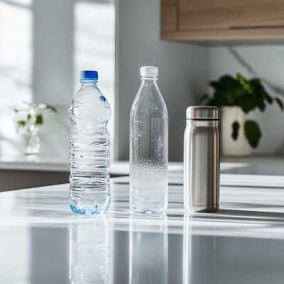 Stylish Water Bottles on Countertop