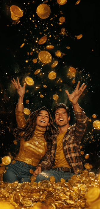 Excited Duo with Falling Coins
