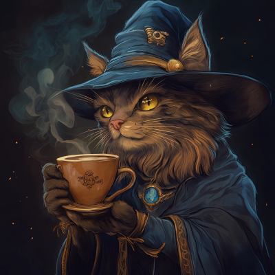 Cat Wizard Drinking Coffee