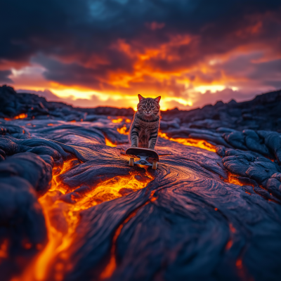 Cat Skateboarding on Lava