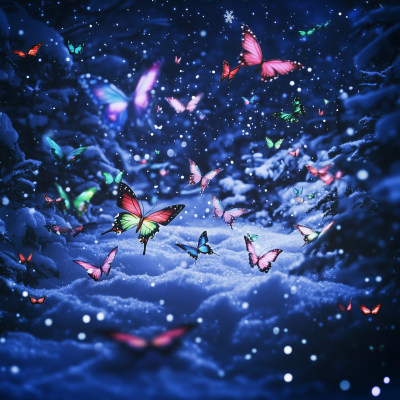 Neon Butterfly Swarm in Snow