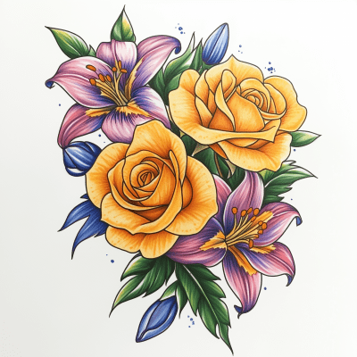 Yellow Roses and Colorful Lilies Tattoo Design