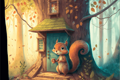 Cute Squirrel in a Tree House