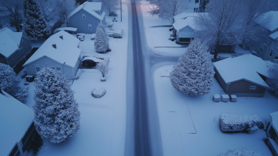 Snowy Suburban Street at High Aerial POV