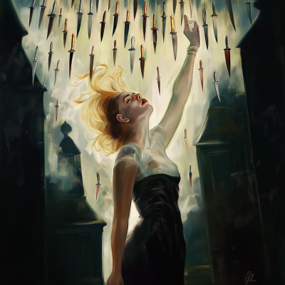 Melancholic Woman in Rain of Knives