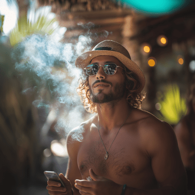 Man Vaping by the Pool