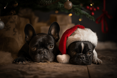 French Bulldogs Under Christmas Tree