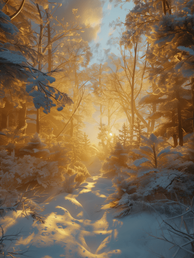 Snowy Forest with Golden Glow