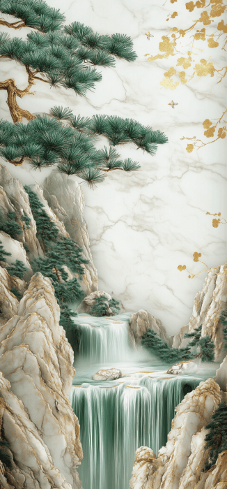 Golden Waterfall with Pine Tree