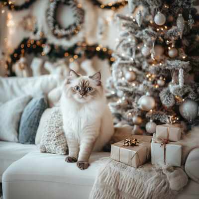 Cute Ragdoll Cat by Christmas Tree