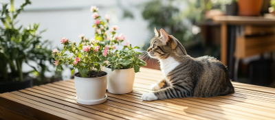 Cat and Flower Pots in Garden