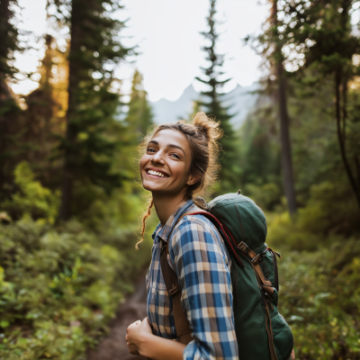 Happy Woman Hiking in Forest