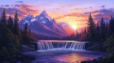 Mountain Waterfalls at Sunset