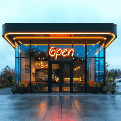 Black Fast Food Restaurant with Neon Sign