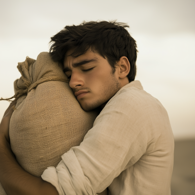 Man Hugging Sand Bag