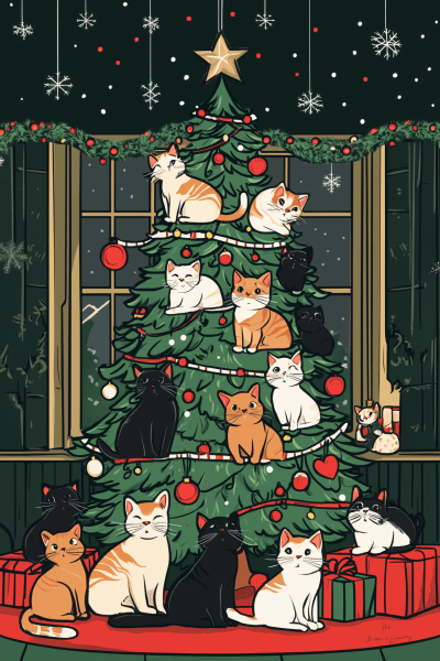 Cats Around Christmas Tree