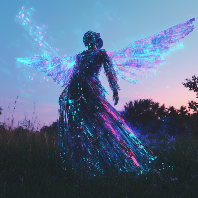 Cyberpunk Angelic Figure at Sunset