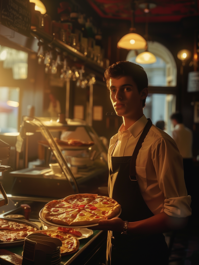 Young Italian Waiter with Pizza