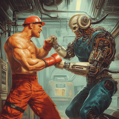 Plumber vs Cyborg Electrician Fight Poster