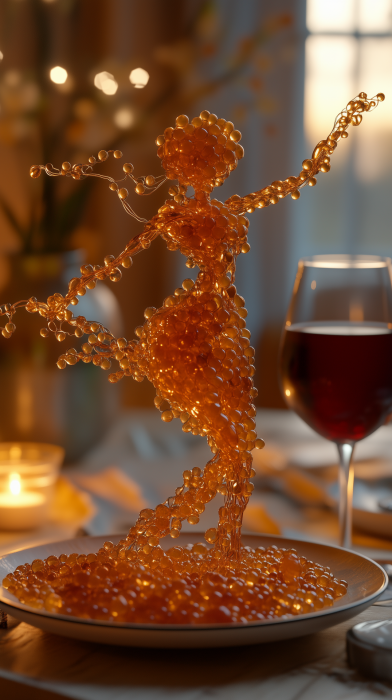 Dancing Caviar Figure in a Cozy Kitchen