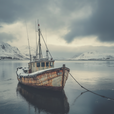Snowy Fishing Boat in Bay