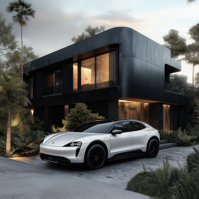 Modern Black House with Futuristic SUV