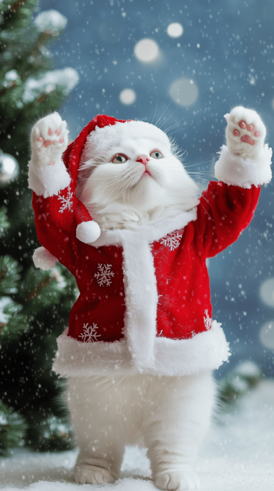 White Cat in Santa Outfit