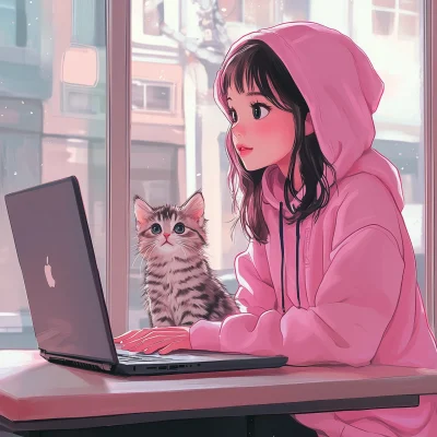 Anime Girl with Kitten