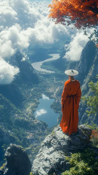 Japanese Monk on Mountain Edge