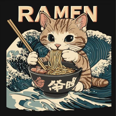 Cute Cat Eating Ramen