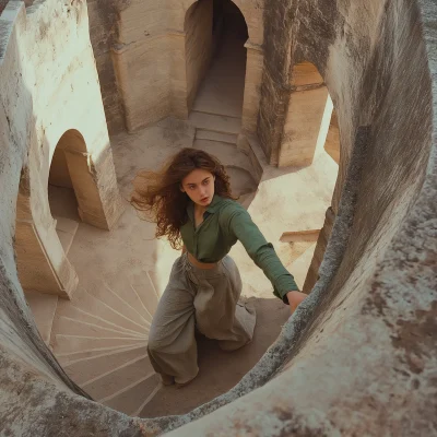 Girl Climbing Castle Staircase