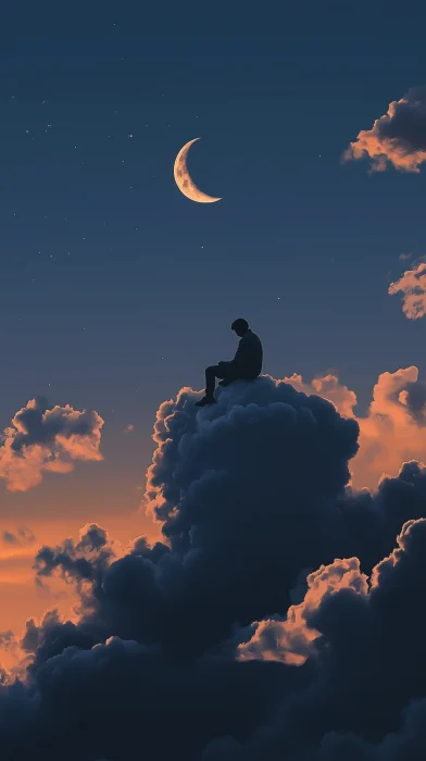 Man Sitting on a Cloud at Night