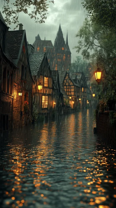 Rainy Cobblestone Street