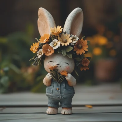 Clay Rabbit with Flowers