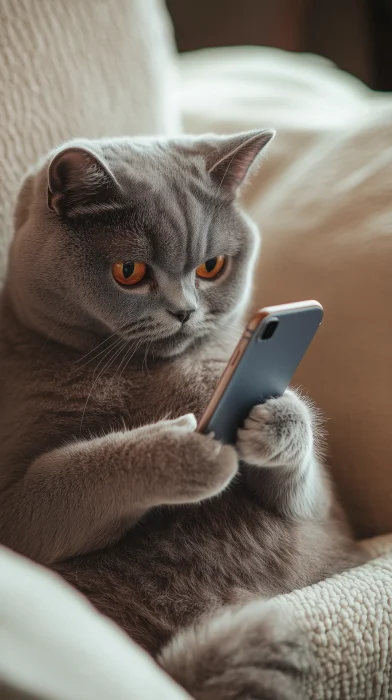 British Shorthair Cat with Smartphone