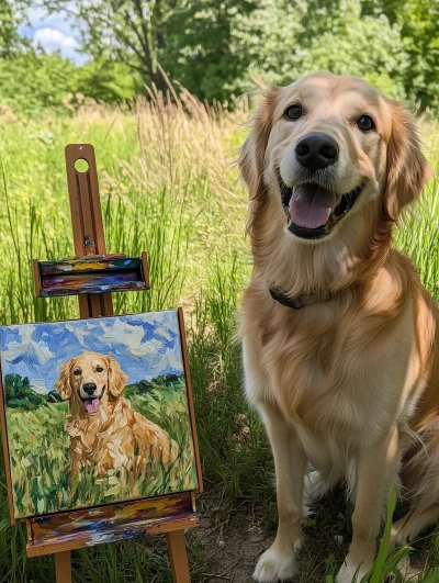 Golden Retriever with Oil Painting