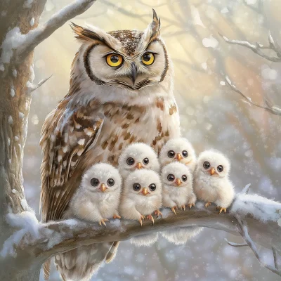 Serene Winter Owl Family