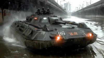 Cyberpunk Military Boat in Abandoned Subway