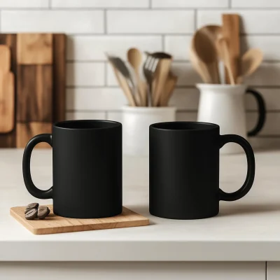 Black Blank Mugs on Countertop