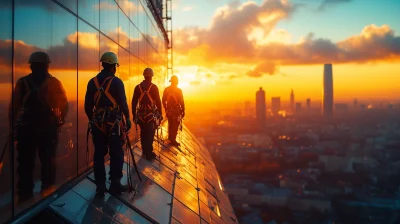 Construction Workers Installing Glass Panels