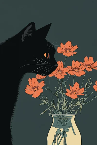 Black Cat and Orange Flowers