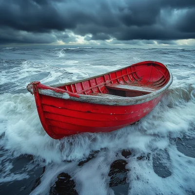 Red Rowboat in Rainy Ocean