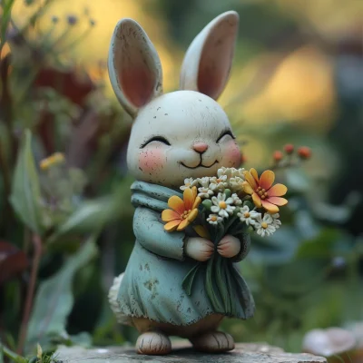 Clay Rabbit with Flowers