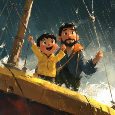 Father and Son on a Rainy Ship