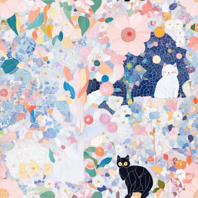 Floral Mosaic with Dolls and Cats