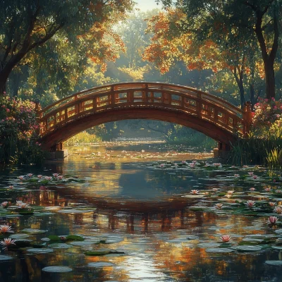 Japanese Bridge in Tranquil Pond