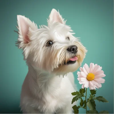 West Highland Terrier Smelling Flowers