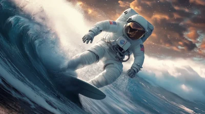 Astronaut Surfing a Big Wave